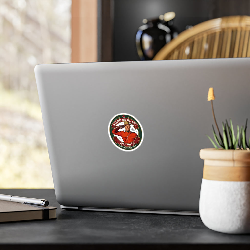 Stand On Guard Round Sticker — Canadian Mountie Salute Vinyl Decal (Est. 2026)