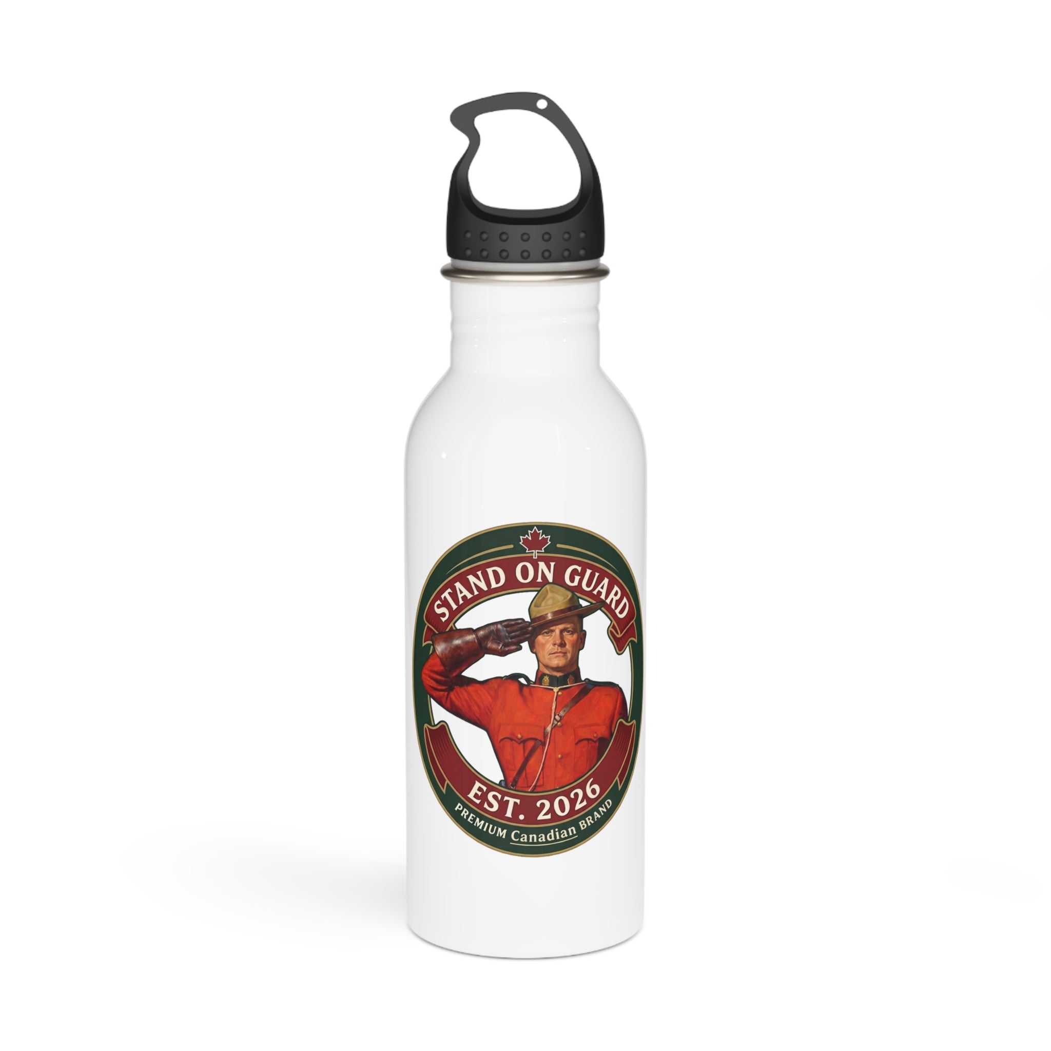 Stand On Guard Stainless Steel Water Bottle — Canadian Mountie Salute Design (Est. 2026)