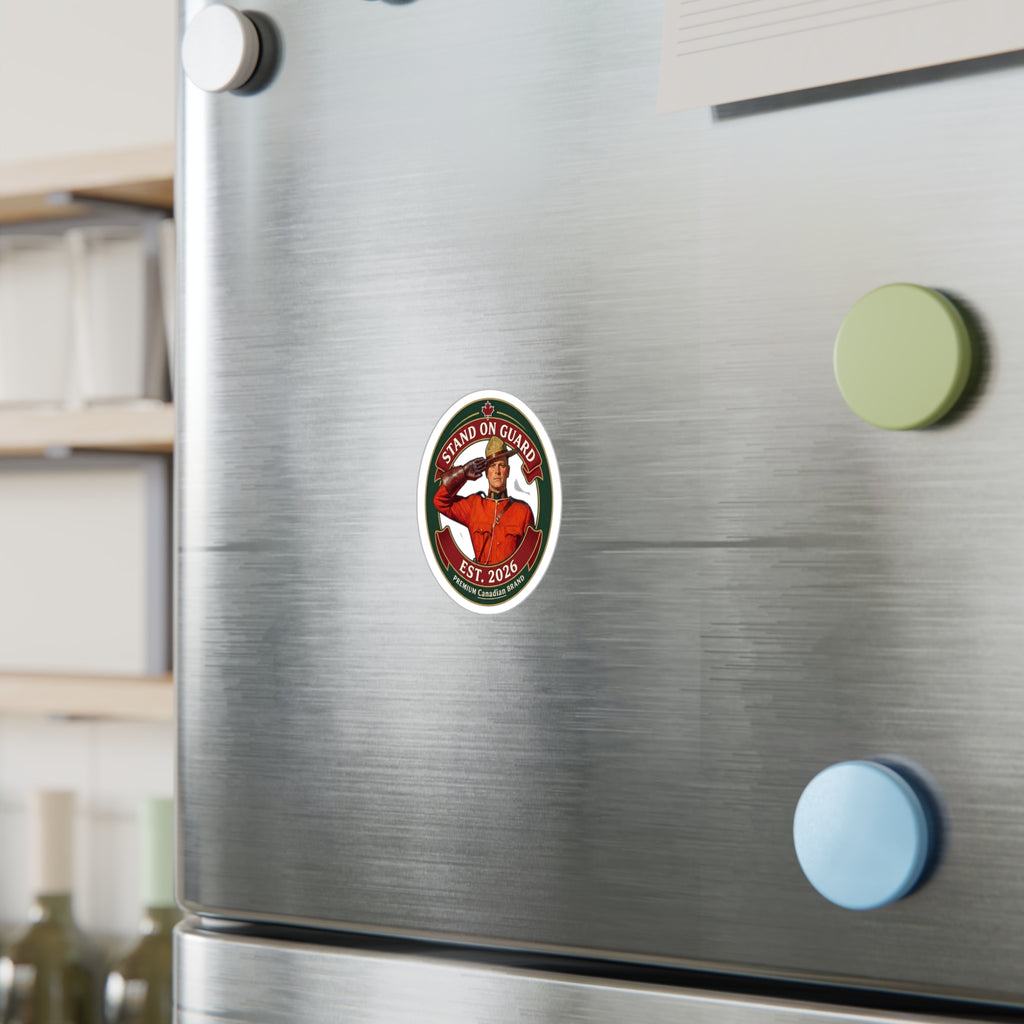 Stand On Guard Round Sticker — Canadian Mountie Salute Vinyl Decal (Est. 2026)